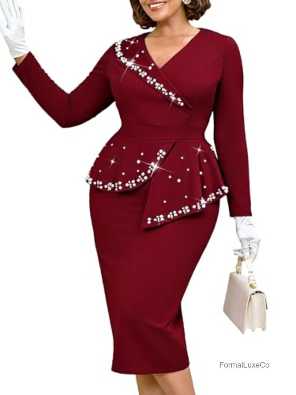 Beaded Long Sleeve V Neck Peplum Midi Party Dress